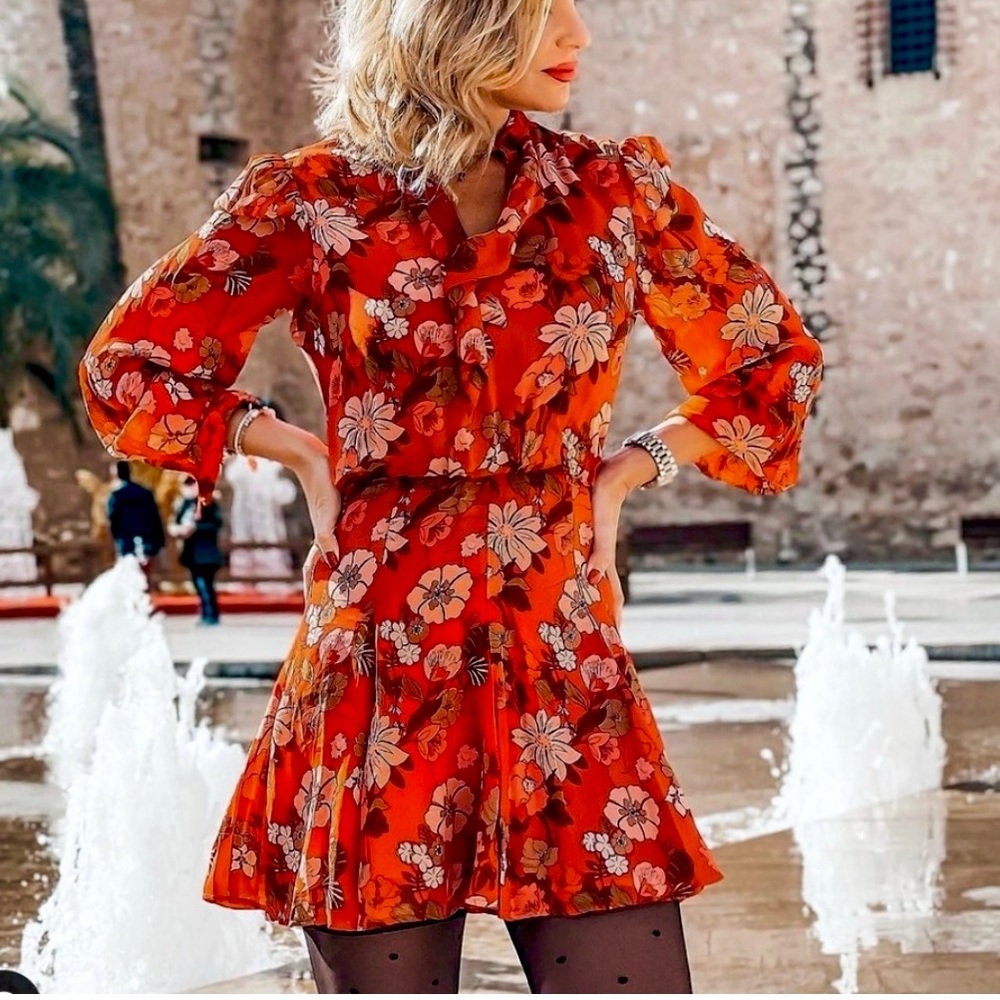 ZARA floral print neck tie dress - Picture 2 of 9